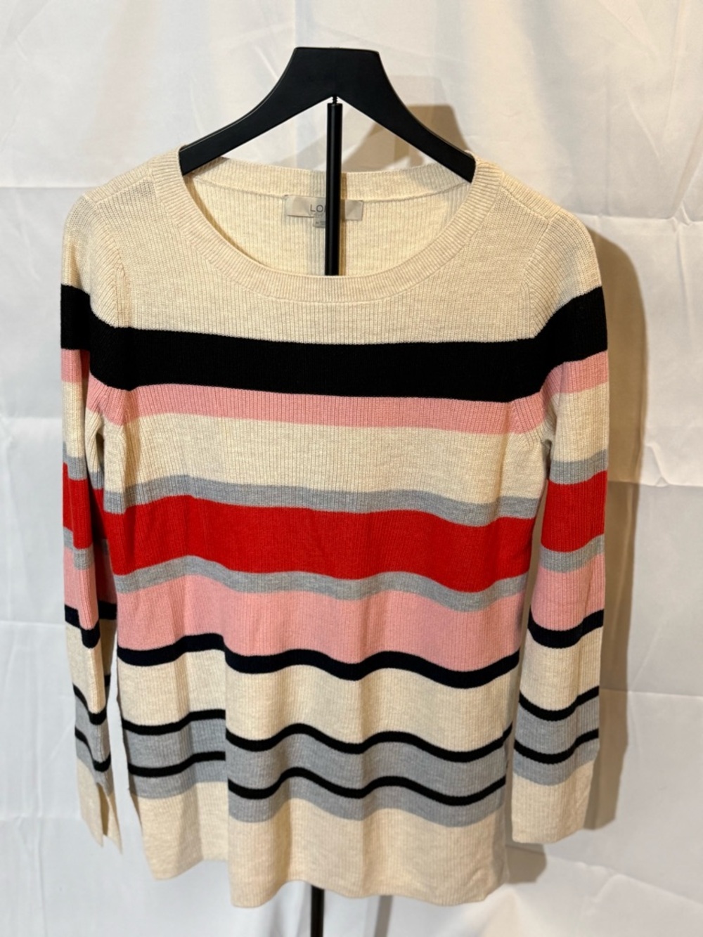 LOFT Cream, Black, Red & Pink Striped Scoop Neck Sweater